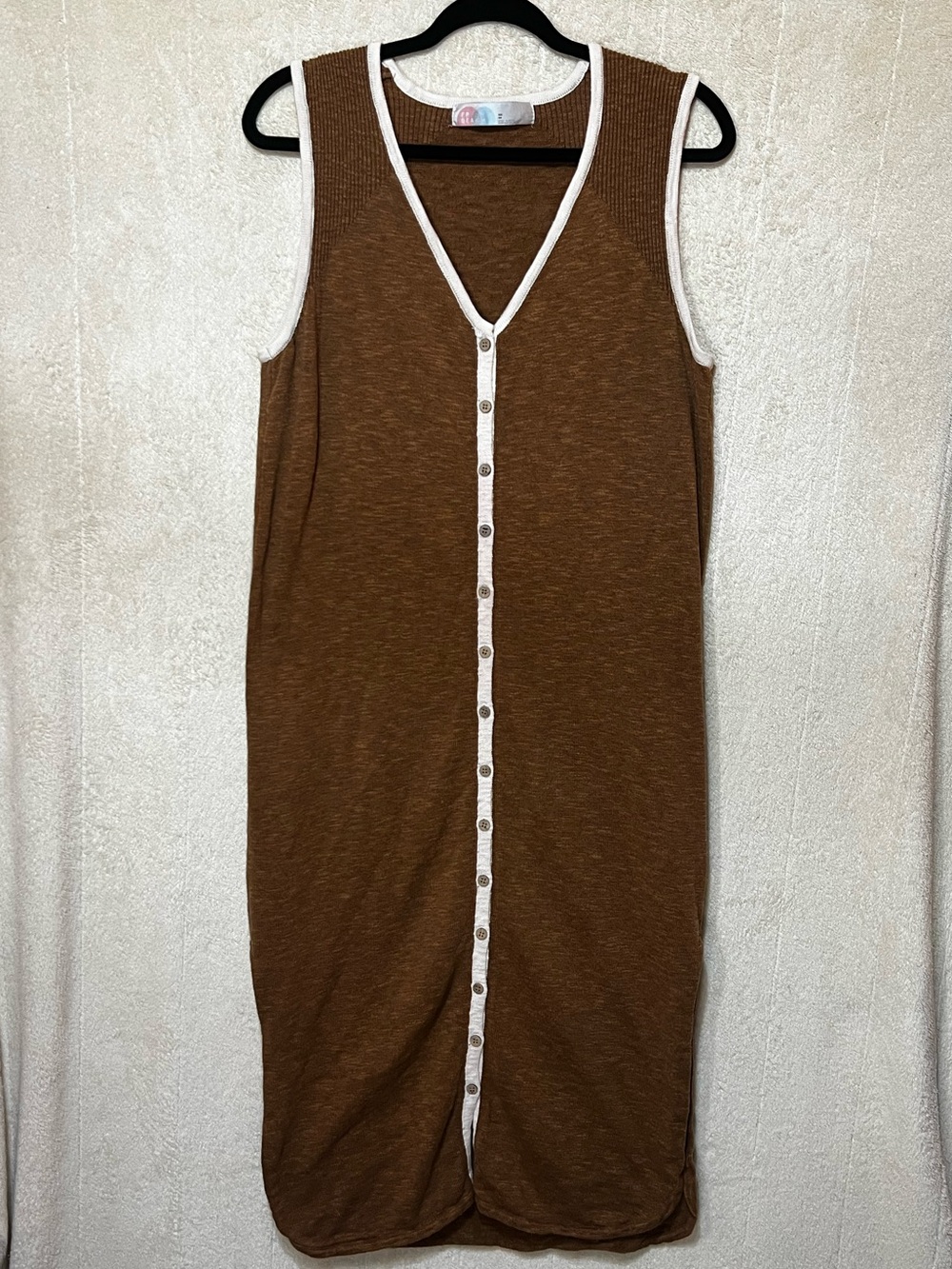 Free People Brown Sleeveless Midi Button-Front Dress with Cream Trim